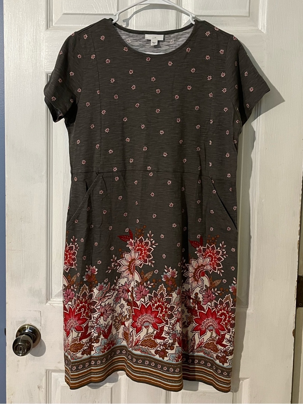 J. Jill Charcoal Gray Mini Dress with Red Floral Border